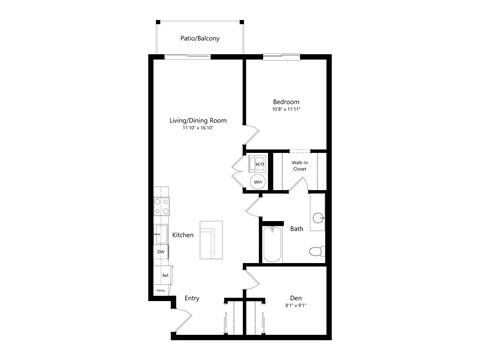 Floor plan for 1 bed, 1 bath, 888 sqft